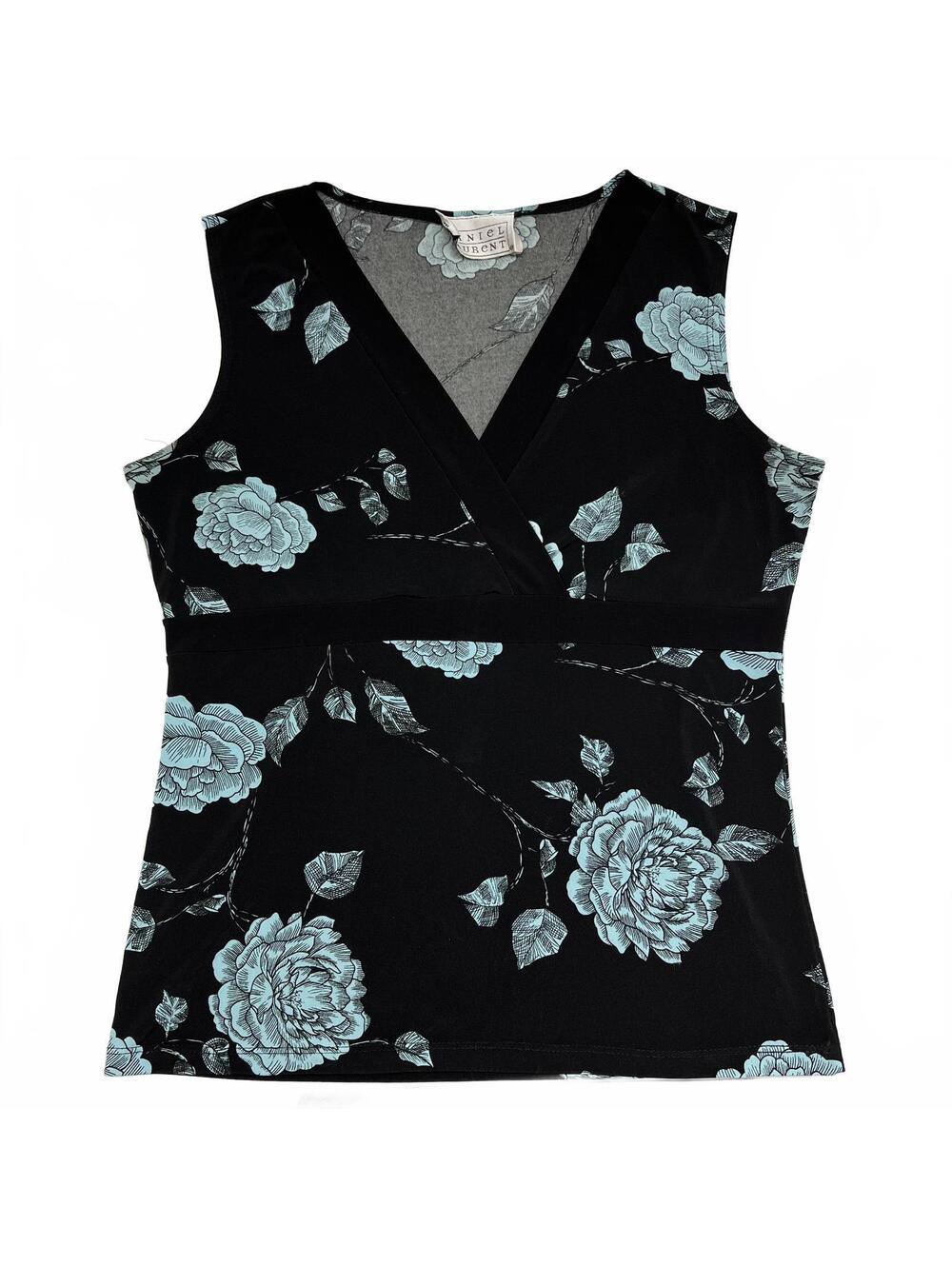 Vintage Daniel Laurent Sz M Teal Black Floral Babydoll Top Whimsy Goth Fairy